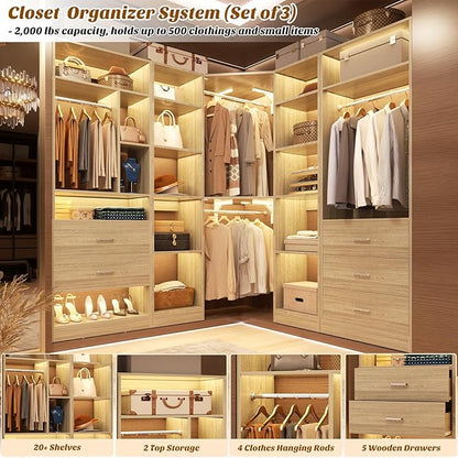 Corner Closet System with 5 Drawers, Closet Organizer System with 15+Shelvess & 4 Hanging Rods, 63.2"L * 63.2"W / 87.2"L * 39.2"W Reversible L Shaped Walk-in Closets, Load 2500+LBS, White Oak