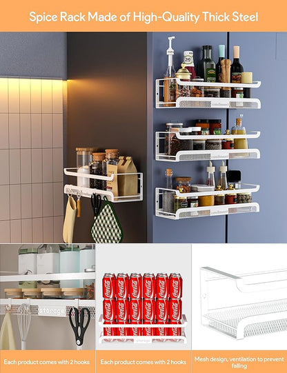 Spice Rack Wall Mount with Hooks - Spice Racks Organizer for Cabinet Storage, Wall Mounted Hanging Shelf Seasoning Organizer, for Kitchen, Pantry Door, Bathroom (White, 1 Pack)