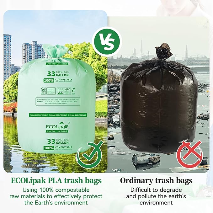 ECOLipak 33 Gallon Compostable Trash Garbage Bags, 25 Count (1 Roll) Biodegradable Heavy Duty Large Outdoor Trash Bags for Lawn/Yard, US BPI ASTM D6400 and OK Compost Home Certified