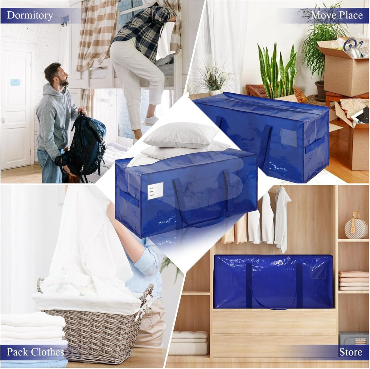6 Pack Heavy Duty Extra Large Moving Bags with Handles, Waterproof Foldable Storage Totes, Clothing Storage Bags, Packing Moving Boxes for College Supplies & Seasonal Storage, Blue