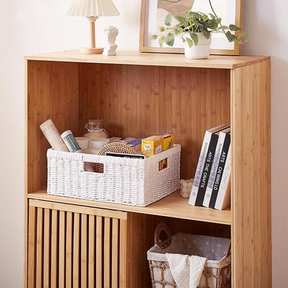 OIAHOMY Wicker Basket, Paper Shelf Basket with Built-in Handles, Rectangular Wicker Storage Bin for Pantry, Shelves, 1 Pack-White