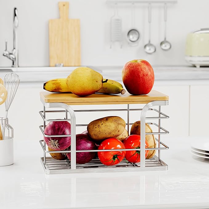 Trash Bag Holder with Bamboo Top, Wall Mount 304 Stainless Steel Garbage Bag Dispenser,Stackable Storage for Kitchen Laundry Organization,Silver Small