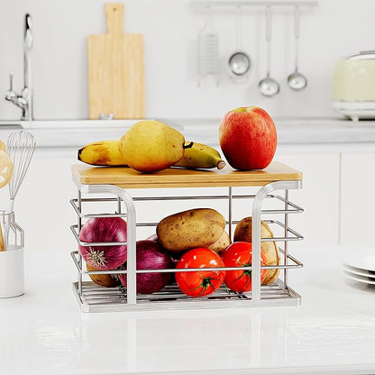 Trash Bag Holder with Bamboo Top, Wall Mount 304 Stainless Steel Garbage Bag Dispenser,Stackable Storage for Kitchen Laundry Organization,Silver Small