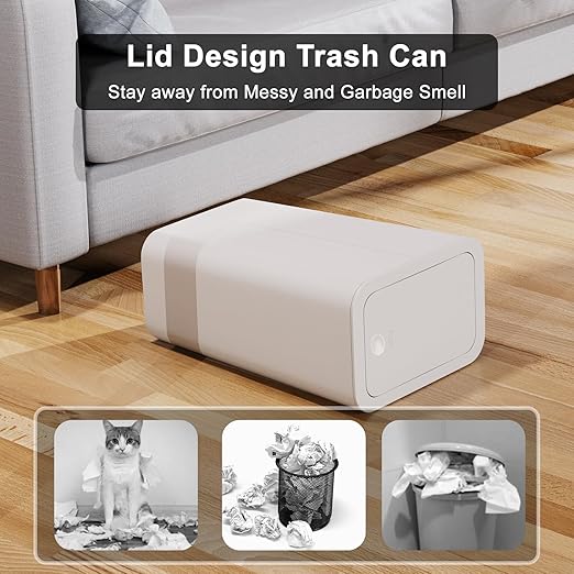 N. NETDOT 3 Pack 10L / 2.6 Gallon Small Trash Can with Lid,Bathroom Garbage Can with Pop-Up Lid,Waste Basket for Bathroom,Kitchen,Bedroom,Powder Room,Office,College (Black-Grey-Off White)
