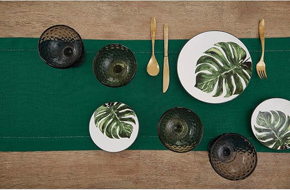 Solino Home Linen Rainforest Green Table Runner 120 Inches Long - 100% Pure Linen Hemstitch 14 x 120 Inch Table Runner for Dining, Christmas, New Year - Classic Hemstitch
