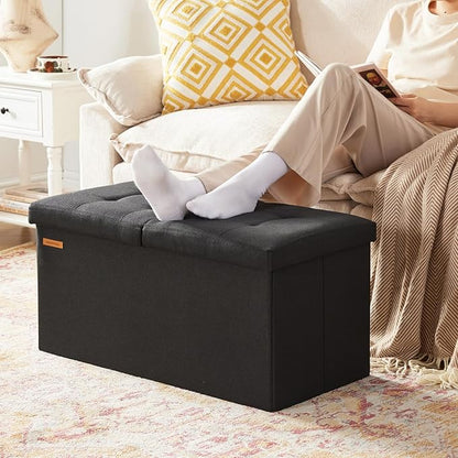 HAUSFRAU - 30 Inches Storage Ottoman Bench with Flipping Lid, Foldable Storage Chest Foot Rest for Living Room, Bedroom, Entryway, Load 660 lb, Linen Black