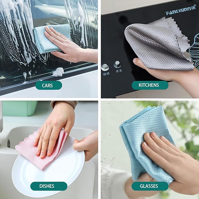 Streak Free Fish Scale Microfiber Cleaning Cloth Window,Car,Mirror,Screen,Windshield, Lint-Free Dish Glass Drying Polishing Kitchen Towels, 8 pcs Mixed Colors (Pink, Blue, Grey), 11.8'' x 15.7''