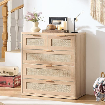 LEYAOYAO Rattan Dresser for Bedroom, 33.5" Tall Chest of Drawers, Modern 5 Drawers Boho Dressers with Storage, Light Oak Dresser Wooden Closet Organizer for Living Room, Hallway, Natural Wood