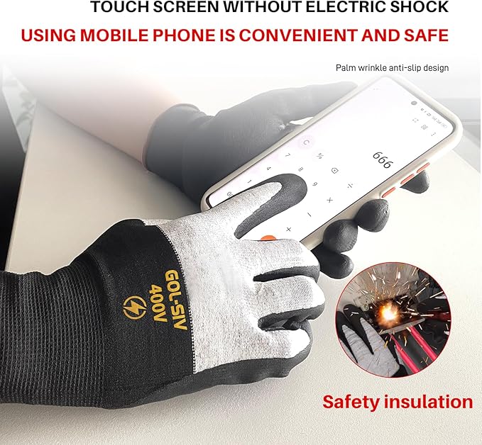 400V Electrical Gloves For Electrician XL - Flame Retardant,Low Voltage Insulated Safety Work Gloves,Rubber Non Slip,Touch Screen Grip