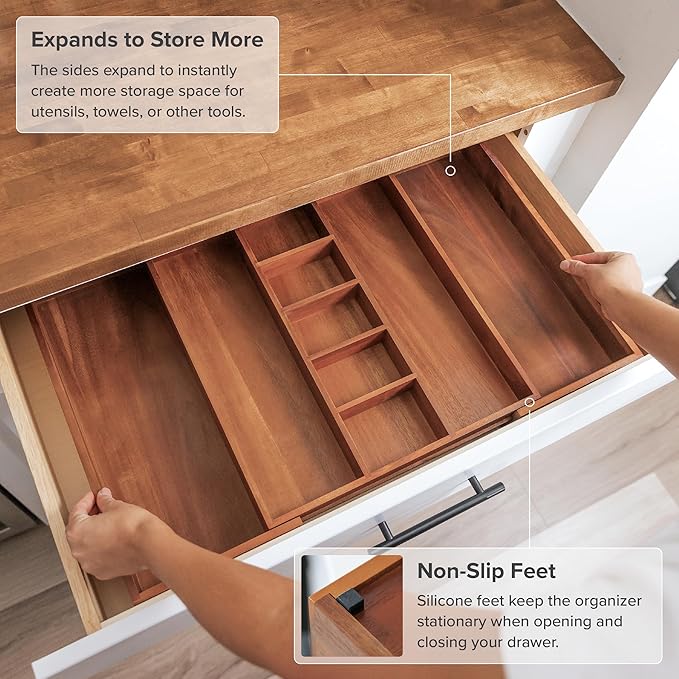 KitchenEdge Adjustable Kitchen Drawer Organizer for Utensils and Junk, Food-Safe Contract Grade with 100% Sustainable Wood, Non-Slip, Expandable from 16" to 28" Wide - Natural Acacia