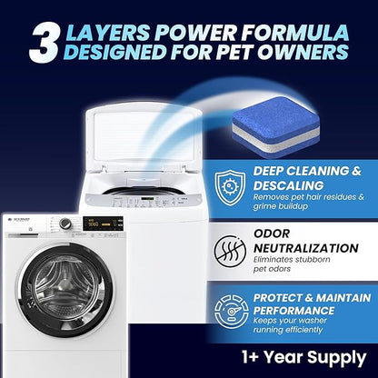 Washing Machine Cleaner Tablets for Pet Owners - Front & Top Load Washer Deep Cleaning - Septic Tank Safe - HE Support - Remove Stubborn Pet Hair - Eliminates Pet Smells - Prevents Pet Dander Build-up