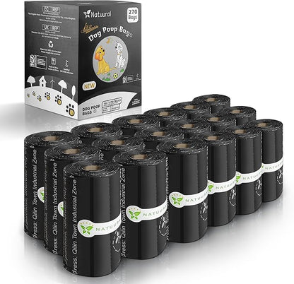 Certified Compostable Dog Poop Bags-270 Bags 18Rolls, Poop Bags for Dogs Made of Cornstarch - ASTM D6400 By USA, Leakproof Easy Open, Unscented Dog Waste Bags (Black)