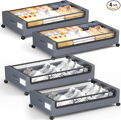 Under Bed Storage with Wheels, Square Under Bed Storage Containers, 4 Pack Under The Bed Storage Bins, Under Organizer with Clear Lids-60L Rolling Underbed Storage For Clothes, Shoes...