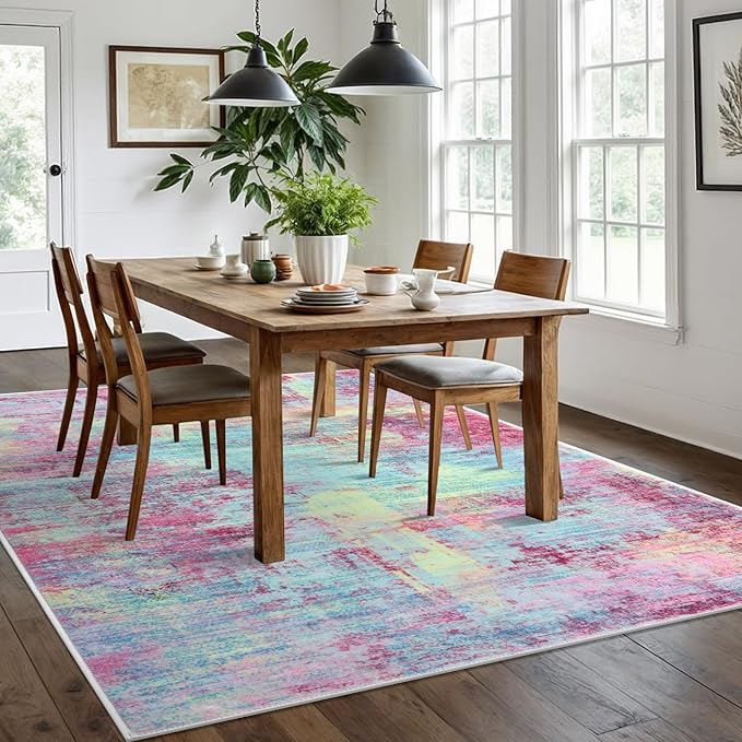 IOHOUZE Abstract Area Rugs 6x9 Ft Washable Rugs for Living Room, Non Slip Dining Room Rug, Printed Faux Wool Rugs for Bedroom, Floor Carpet for Office Nursery Playroom, Pink Teal