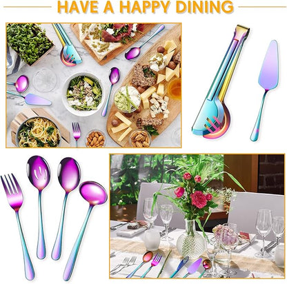 Patelai Serving Utensils Set Include Stainless Steel Large Spoons Slotted Spoons Forks Tongs Soup Ladle and Pie Server for Parties Buffet Catering, Dishwasher Safe(Rainbow,10 Pieces)