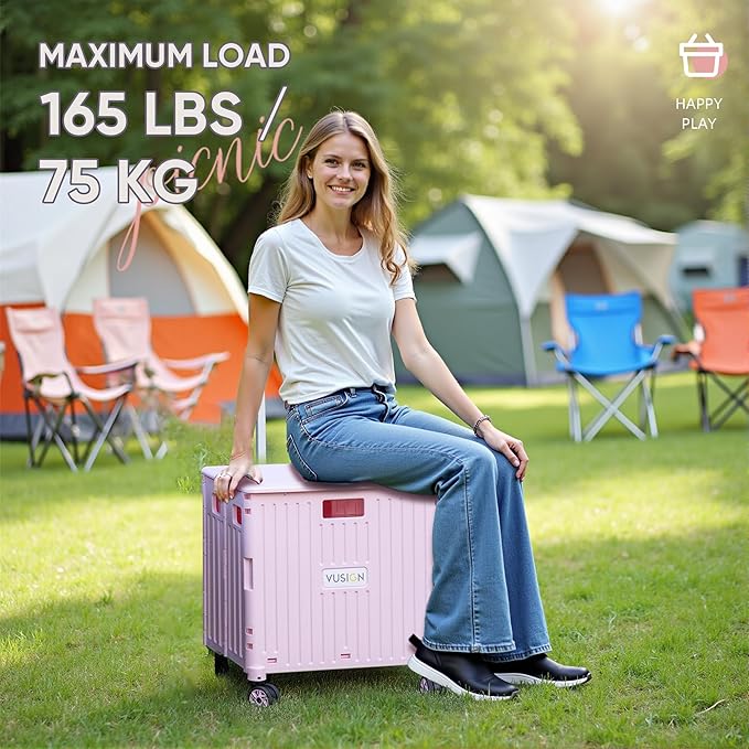 VUSIGN Folding Utility Cart, Foldable Rolling Crate Handcart with Lid, Portable Collapsible Shopping Trolley Tool Box, 4 Rotate Wheels for Grocery, Office, Travel, Teacher, Luggage, Pink