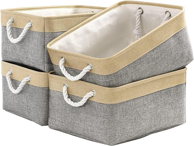 Organization and Storage Basket for Organizing - Large 4 Pack 16x12x8 inch Collapsible Baskets for Shelves Fabric Storage Cube, Storage Bins for Laundry Cloth Books Gift (Gold & Grey)
