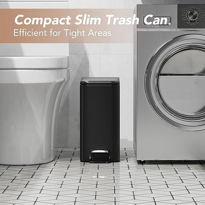 Small Trash Can with Lid Soft-Close, 6 L/1.6 Gal Bathroom Garbage Can with Removable Inner Bucket, Step Pedal, Stainless Steel Wastebasket for Kitchen, Bathroom, Bedroom, Office, Matt Black