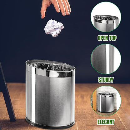 Invisi-Overlap' Open Top Stainless Steel Trash Can, Small Office Wastebasket, Modern Home Décor, Oval Shape