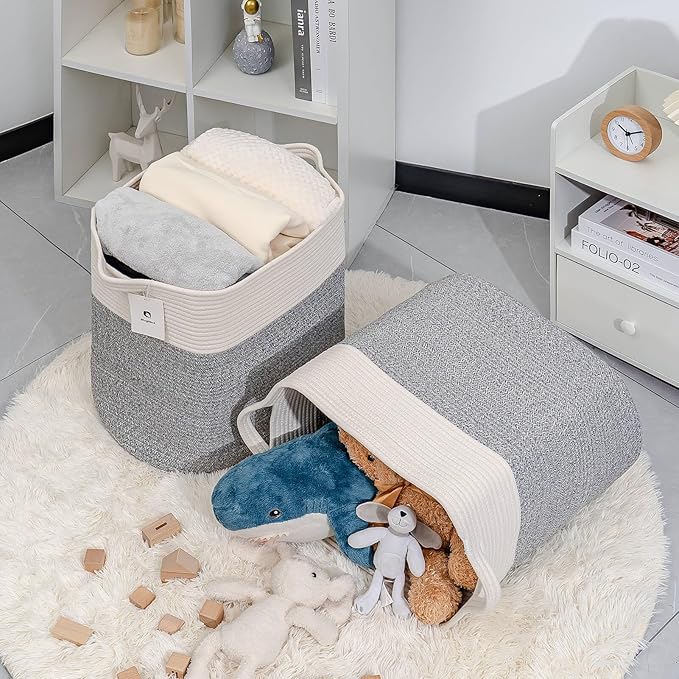 Storage Baskets for Clothes Fabric Cotton Rope Storage Basket with Handles, Decorative Woven Basket for Living Room,Closet Organizer Blankets, and 2bags (Silver Gray, L17.8×W12.5×H17.9)