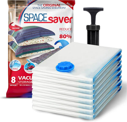 8 Pack Medium Vacuum Storage Bags for Comforters, Blankets & Clothes – Vacuum Sealed Compression Bags with Hand Pump – Space Saver Storage Bags for Bedding, Moving, Travel & Organization