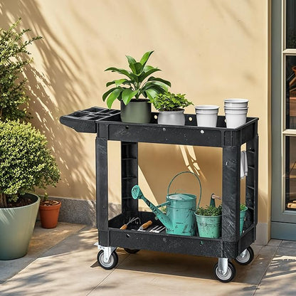 DWVO Utility Cart, 1000 lbs Capacity, 2 Shelf Heavy Duty Plastic Service Utility Cart on Wheels, Rolling Storage Work Carts Suitable for Warehouse, Garage, School & Office, Cleaning, Black