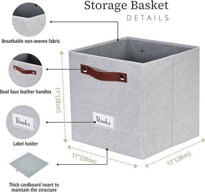 DECOMOMO Storage Bins, Cube Storage Bin with Labels, Fabric Storage Cubes for Shelves (11" / 6pcs, Light Texture Grey)