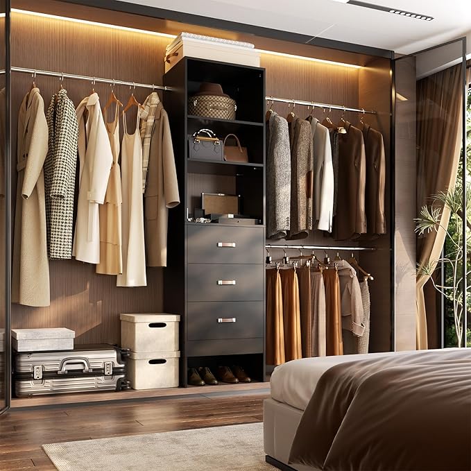 96'' Closet Organizer System with 3 Hanging Rods (Without 3 Storage Shelves), 8FT Closet Systems, Wall Mount Bedroom Wardrobe with 3 Wood Drawers, Adjustable Garment Rack from 5 to 8FT, Black