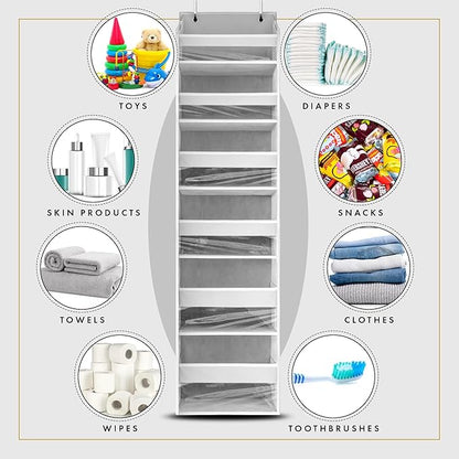HOMELUX THEORY 1 PC Heavy Duty Over the Door Organizer 55x14x6.7, 6 Large Front & 12 Side Pockets, Hanging Storage Closet Door Organizer for Bedroom, Bathroom and Baby Nursery Storage (Light Gray)