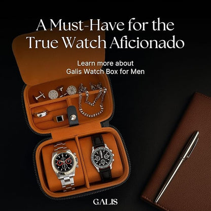 Galis Luxury Watch Case for Men High End Portable 2-Slot Watch Holder and Watch Case for Travel, Premium Watch Box for Men, Jewelry Storage Organizer, Gift for Him, Fathers, Husband (Black & Orange)