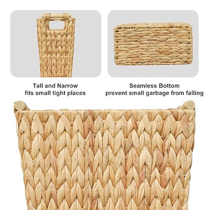 6 Gallon Wicker Trash Can with Wooden Handle,Wicker Waste Basket for Bathroom,Bedroom,Large Narrow Water Hyacinth Trash Basket,Rattan Boho Decor Farmhouse Bathroom Trash Can