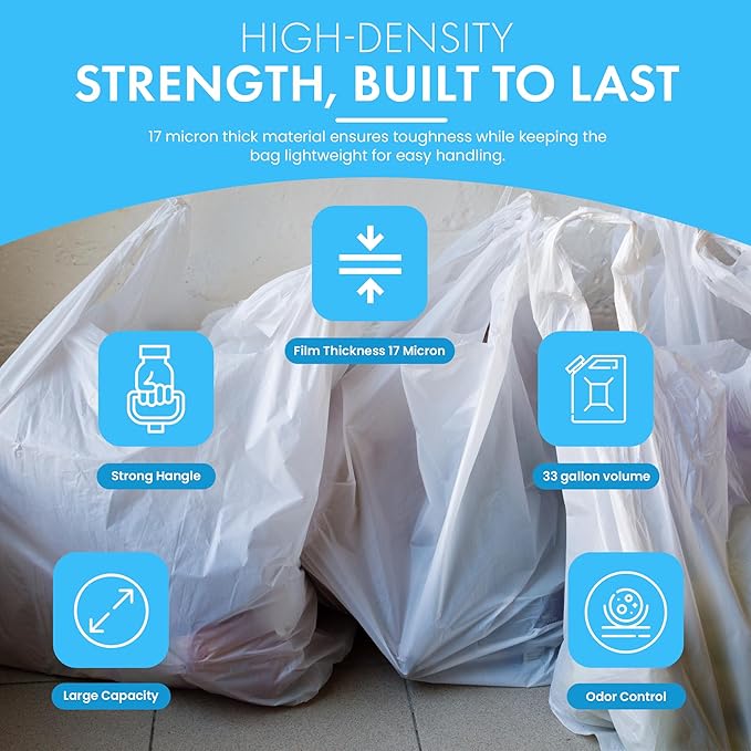 Heavy Duty Contractor Trash Bags with Handles – 33 Gallon, 150 Count | 17 Micron Thick, Extra Large Garbage Bags for Household, Yard Waste, Landscaping & Commercial Use | Secure Signature Knot