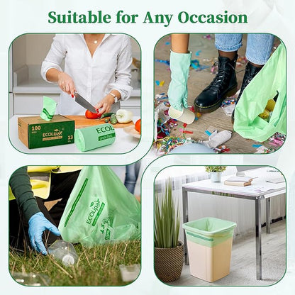 ECOLipak 13 Gallon Compostable Trash Garbage Bags, 100 Count (2 Rolls) Biodegradable Heavy Duty Bathroom Kitchen Trash Bags for Home/Office, US BPI ASTM D6400 and OK Compost Home Certified