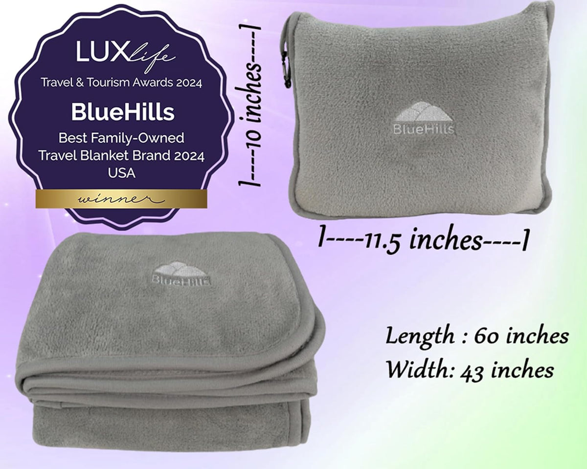 BlueHills Premium Soft Travel Blanket Pillow Airplane Flight Blanket Throw in Ultra-Soft Bag Pillow case Luggage Sleeve & Backpack Clip Large Air Warm Traveler Essentials - Light Gray T024