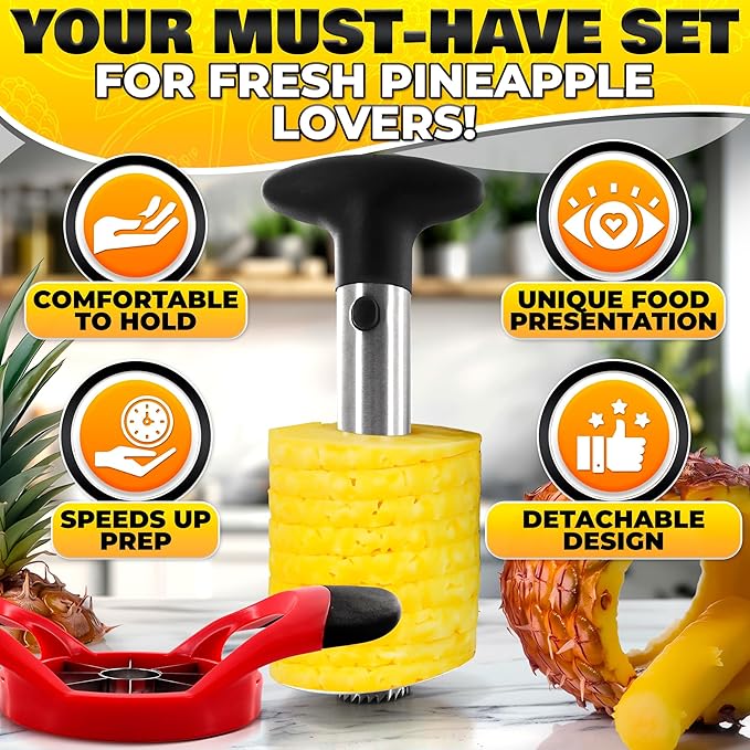 Pineapple Corer and Slicer Tool – Stainless Steel Pineapple Peeler Tool with Reinforced Thick Blade for Effortless Slicing – Core Remover and Cutter for Diced Fresh Rings, Black Handle, Easy to Clean