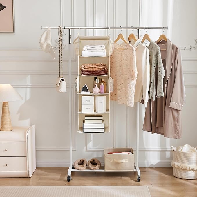 MAX Houser 5 Shelf Hanging Closet Organizer, Space Saver, Cloth Hanging Shelves with 4 Side Pockets, Foldable, Beige
