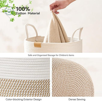 80L Laundry Hamper Basket,Baby Nursery Woven Storage Basket for Toys Bin,Pillows,Blankets,Clothes,Brown&White