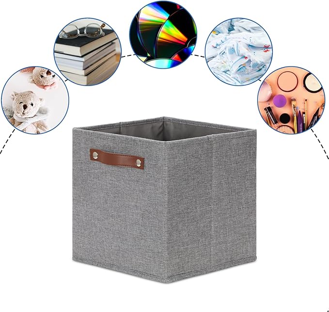 DULLEMELO 11x11 Cube Collapsible Fabric Storage Bins for Shelf Organizing, Toy Square Bins, Kids Clothes Closet Baskets Storage, for Bedroom, Living Room, Dorm(Gray-4 Pack)