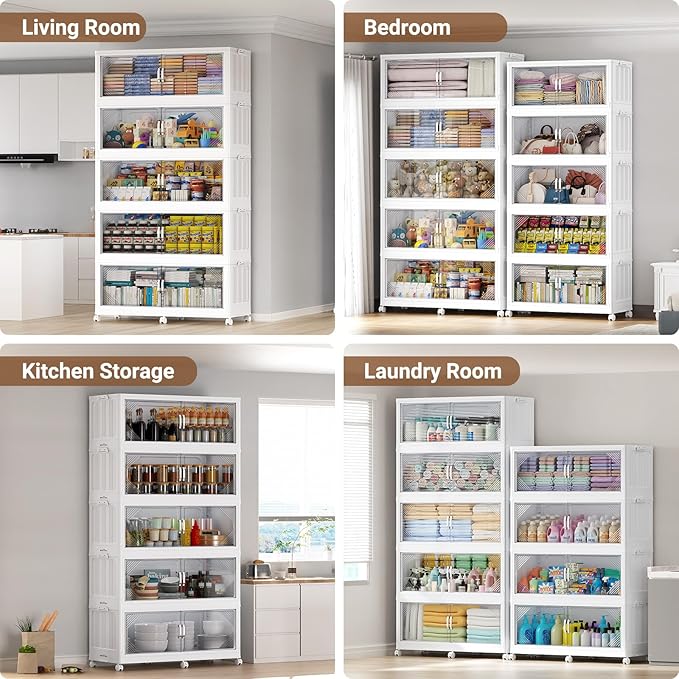 140Gal Plastic Stackable Storage Bins with Lid, 560QT Extra Large Closet Organizers Collapsible Cabinets Boxes with Drawers, Foldable Containers with 4X Wheels for Home Kitchen, V60 4Pack White