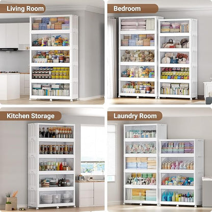 140Gal Plastic Stackable Storage Bins with Lid, 560QT Extra Large Closet Organizers Collapsible Cabinets Boxes with Drawers, Foldable Containers with 4X Wheels for Home Kitchen, V60 4Pack White