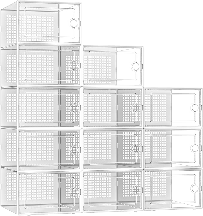 Kuject X-Large Shoe Storage Boxes Organizers Clear Plastic Stackable 12 Pack, Shoe Rack & Holder Substitute, Sneaker Containers, Toy Storage Organizer Bins for Entryway, Closet, Under Bed, White