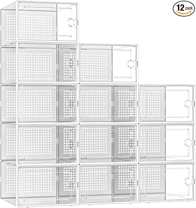 Kuject X-Large Shoe Storage Boxes Organizers Clear Plastic Stackable 12 Pack, Shoe Rack & Holder Substitute, Sneaker Containers, Toy Storage Organizer Bins for Entryway, Closet, Under Bed, White