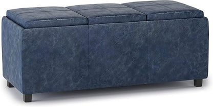 SIMPLIHOME Avalon 42 inch Wide Contemporary Rectangle Storage Ottoman in Denim Blue Vegan Faux Leather, Assembled, for the Living Room, Entryway and Family Room