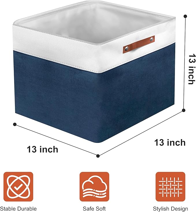 13in Open Fabric Storage Basket with Leather Handles for Organizing, Collapsible Linen Closet Bins for Shelves, Closets, Laundry, Decorative Basket for Gifts. (White＆Blue, 3PCS/13x13in)