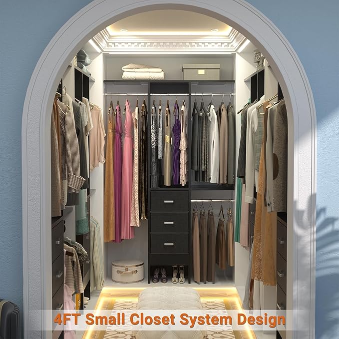 4FT Small Closet System with 3 Fabric Drawers, 48'' Closet Organizer System With 3 Adjustable Shelves, Flexible Built-In Clothes Garment Rack for Small Space, 48" L x 13" W x 71" H, Dark Black