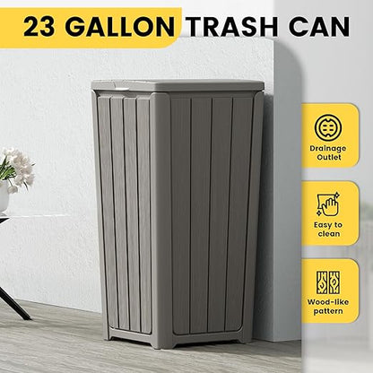 Outdoor Trash Can with Lid, Waterproof Resin Garbage Can with Tiered Lid, Outside Trash Bin for Patio, Kitchen, Backyard or Deck