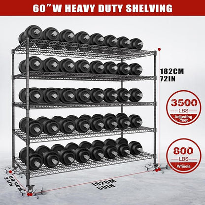 AIRAJ 60” W Storage Shelves Heavy Duty | 5 Tier Wire Shelving | 3500 LBS Metal Shelving | Garage Shelving Units and Storage | Rolling Wire Rack with Wheels | Adjustable Layer Height | 60”W×24”D×72” H