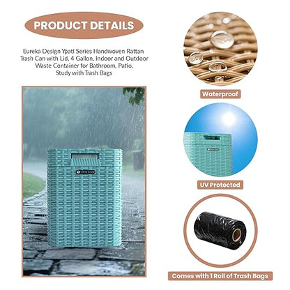 Ypati Handwoven Rattan Trash Can with Lid, Indoor and Outdoor, 4.5 Gallon with Complementary Shelf, Waste Container for Bathroom, Patio, Study, with Trash Bags, Grey, Designed by Eureka