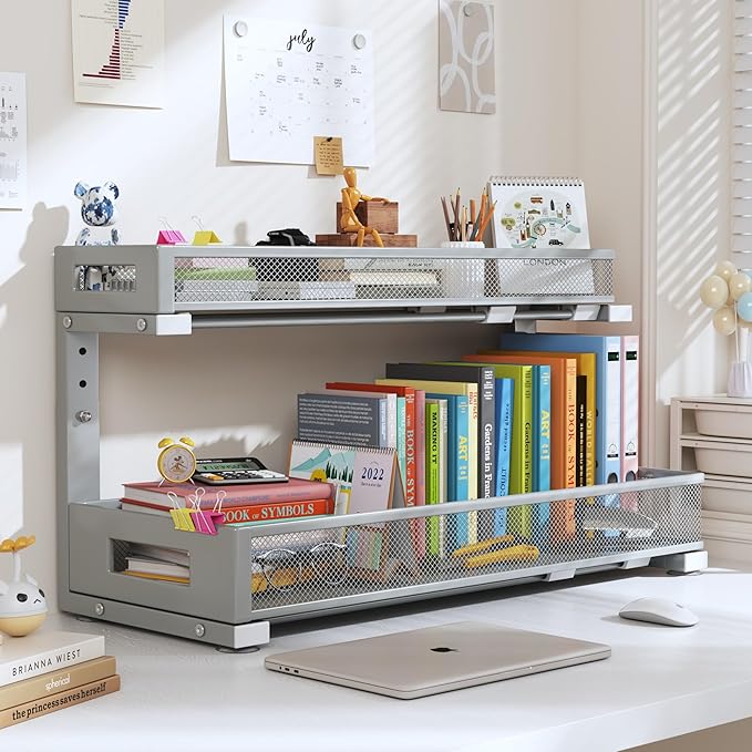 1 Pack 20.47IN Depth Under Sink Storage Organizer, Large 2-Tier Elegant Mesh Pull Out Shelf for Kitchen and Bathroom Cabinet Organization, L-Shaped and Adjustable Height Design-Gun Gray