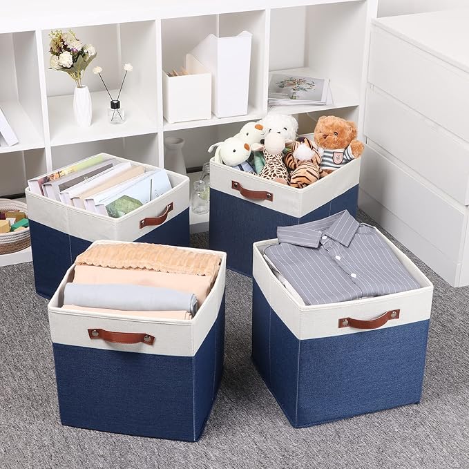 Temary Fabric Storage Bins for Cube Organizer 4 Pack Cube Storage Bins 13 Storage Cubes for Shelves Storage Baskets for Organizing Books, Clothes, Towels (White & Blue, 13x13x13 Inch)